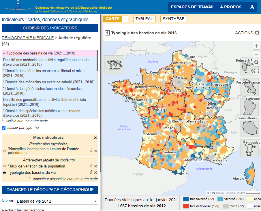 Cartographie interactive de la démographie médicale - Typologie des bassins de vie